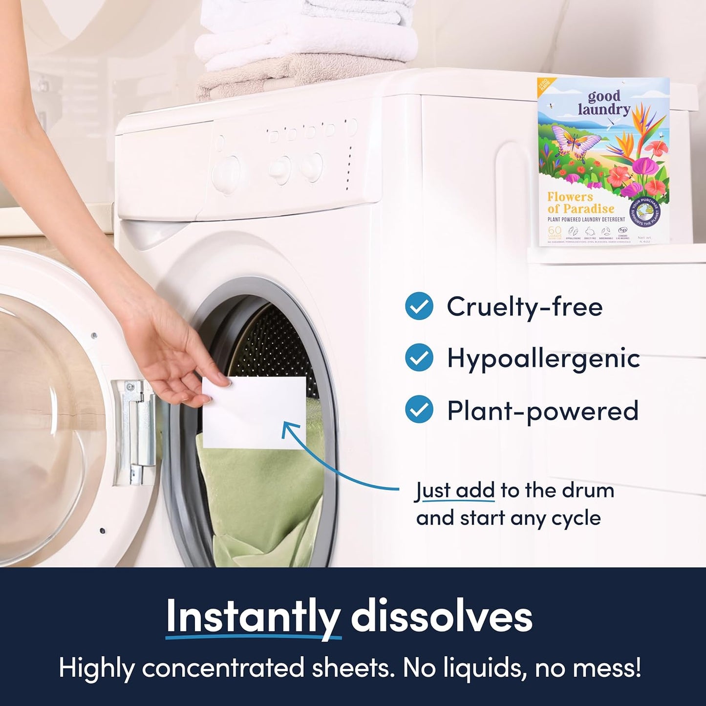 Good Laundry Flowers of Paradise Detergent Sheets, Scent Booster, & Dryer Sheet Bundle - No Plastic Jugs, Eco-Friendly, Zero Harsh Chemicals, Hypoallergenic - Based in the USA