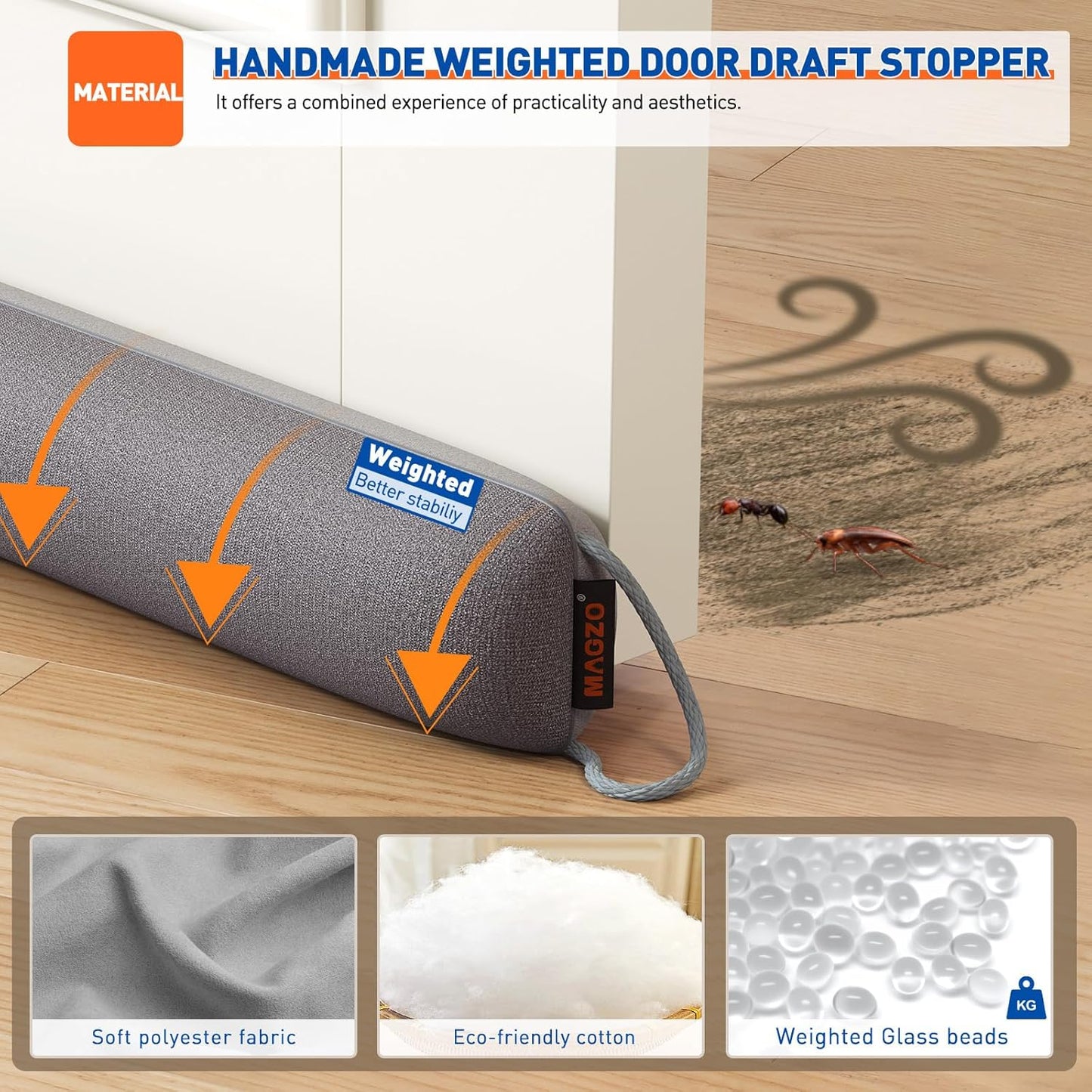 MAGZO Door Draft Stopper, 48 Inch Under Door Draft Blocker Noise Stopper, Weighted Wind Blocker Draft Guard for Bottom of Door, Gray