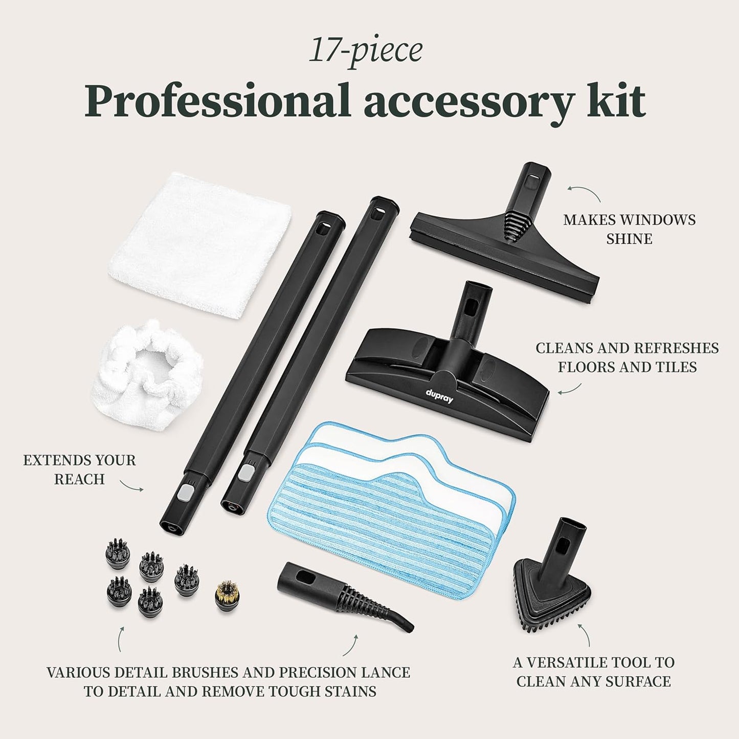 Dupray Neat Steam Cleaner with 17-Piece Kit – Powerful, chemical-free cleaning for floors, cars, tiles, upholstery, kitchen appliances, grout, and more. *Kills 99.9% of Bacteria & Viruses