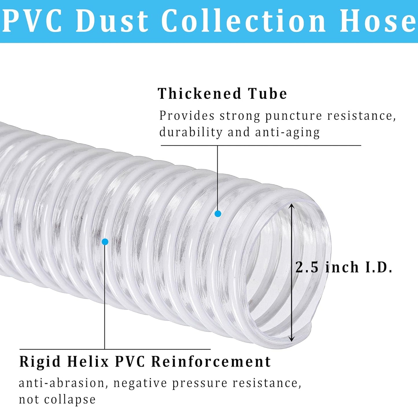 Dust Collection Hose 2-1/2 in × 5 ft Heavy Duty Clear Flexible PVC Reinforced Thicken Helix Suction Discharge Corrugated Pipe Hose for Fume Dust Collector Fitting Wood Chip Saw (2.5 inch hose)