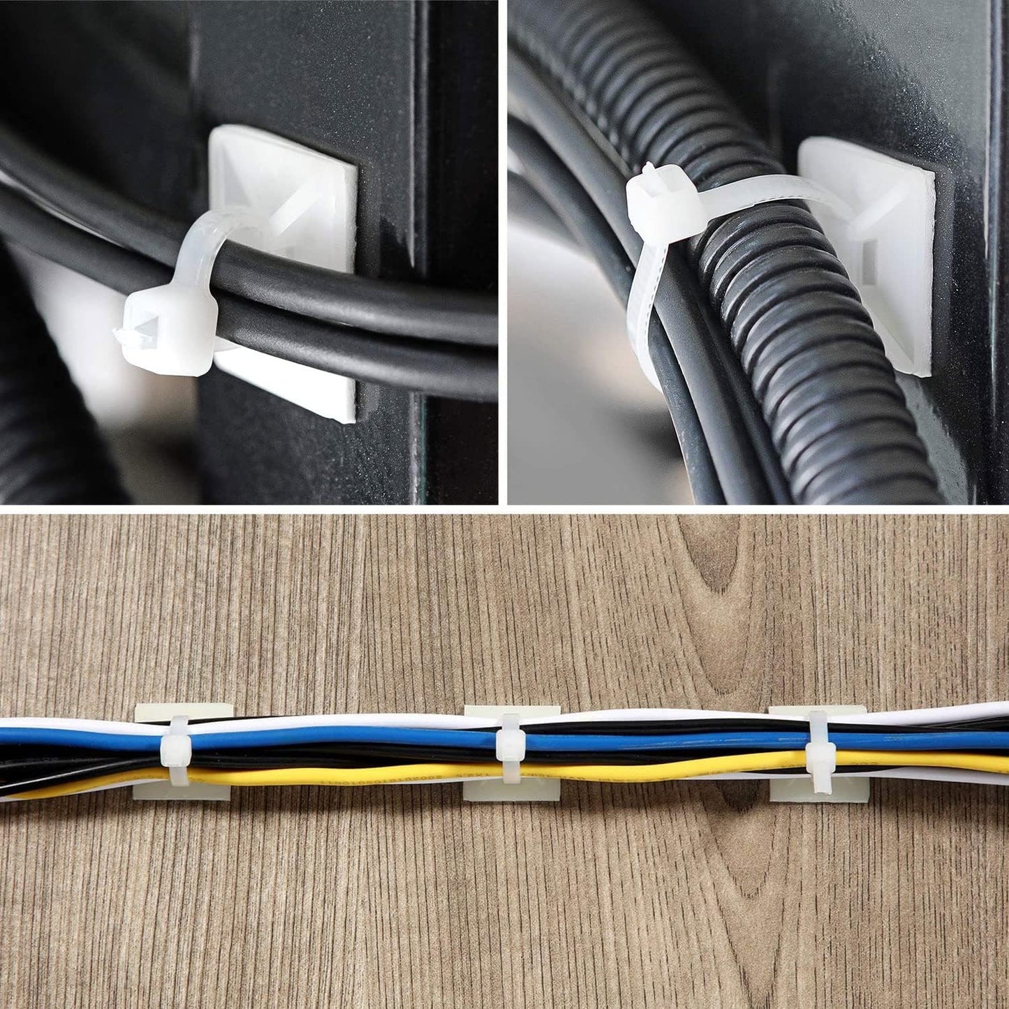 Strong Back-Glue Self Adhesive Cable Zip Tie Mounts Kit - 50 Set Cable Management Clips with 6" Zip Ties, Wire Holders - Outdoor Sticky Wire Organizer Clips-White