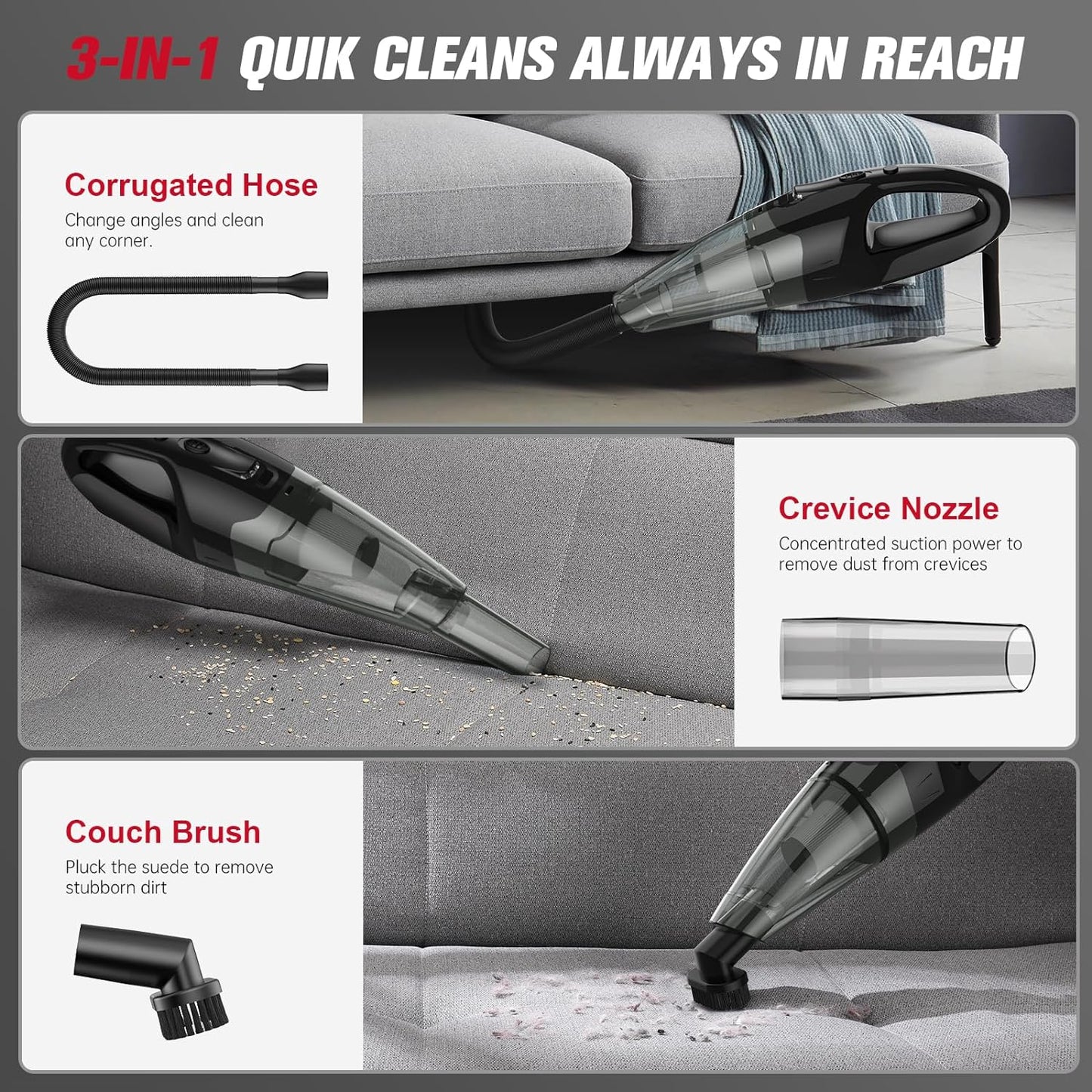 Handheld Vacuum Cordless Rechargeable, 1.65LBs Hand Held Vacuum Cordless, Car Vacuum Portable with LED, USB Charge, for Car/Home/Pet
