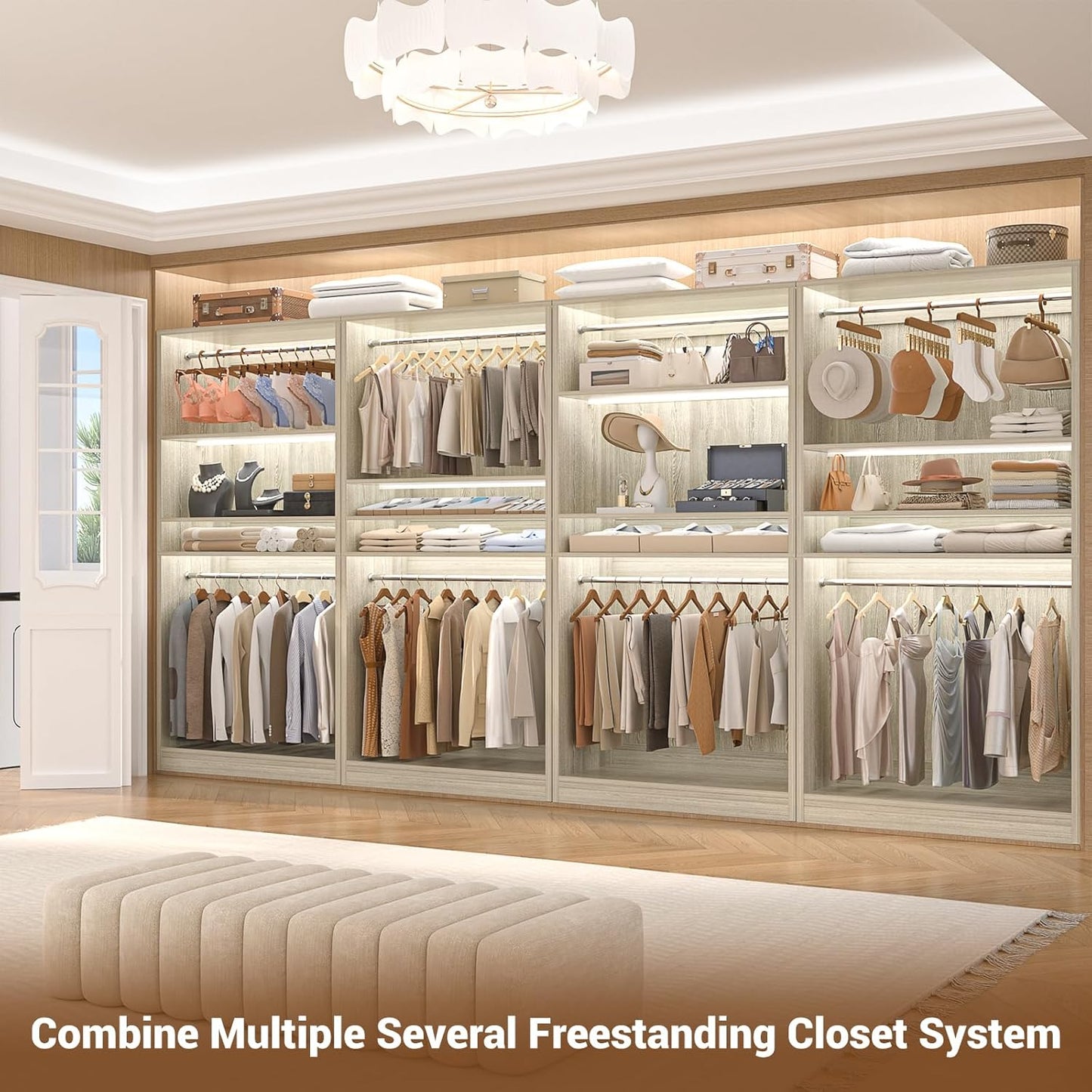 Unikito 3FT Freestanding Closet System with 2 Hanging Rods & Adjustable Shelve, 36'' Wood Closet Organizer System, Clothes Garment Rack, Sturdy Walk-in Closet Wardrobe Tower, Easy Assembly, White Oak