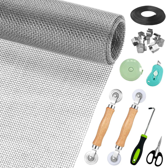 Window Screen Replacement,Screen Door Repair Kit, 48"x178" Grey Window Screen Mesh,Including 50 FT Splines+Hooks+2 Rollers+8 Clips+Scissors+Knife+Tape Measure,Fully Equipped Window Screen Repair Kit