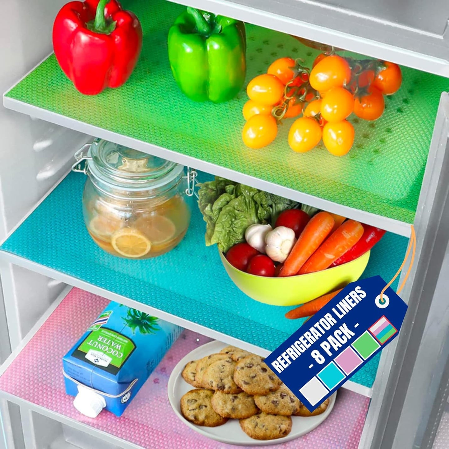 Refrigerator Liners for Shelves (8 Pack) by Linda’s Essentials - Non-Adhesive Shelf or Drawer Liner, BPA-Free Fridge Mats for Kitchen & Cabinets, Easy to Clean, Ideal Household Essentials(Multi Color)