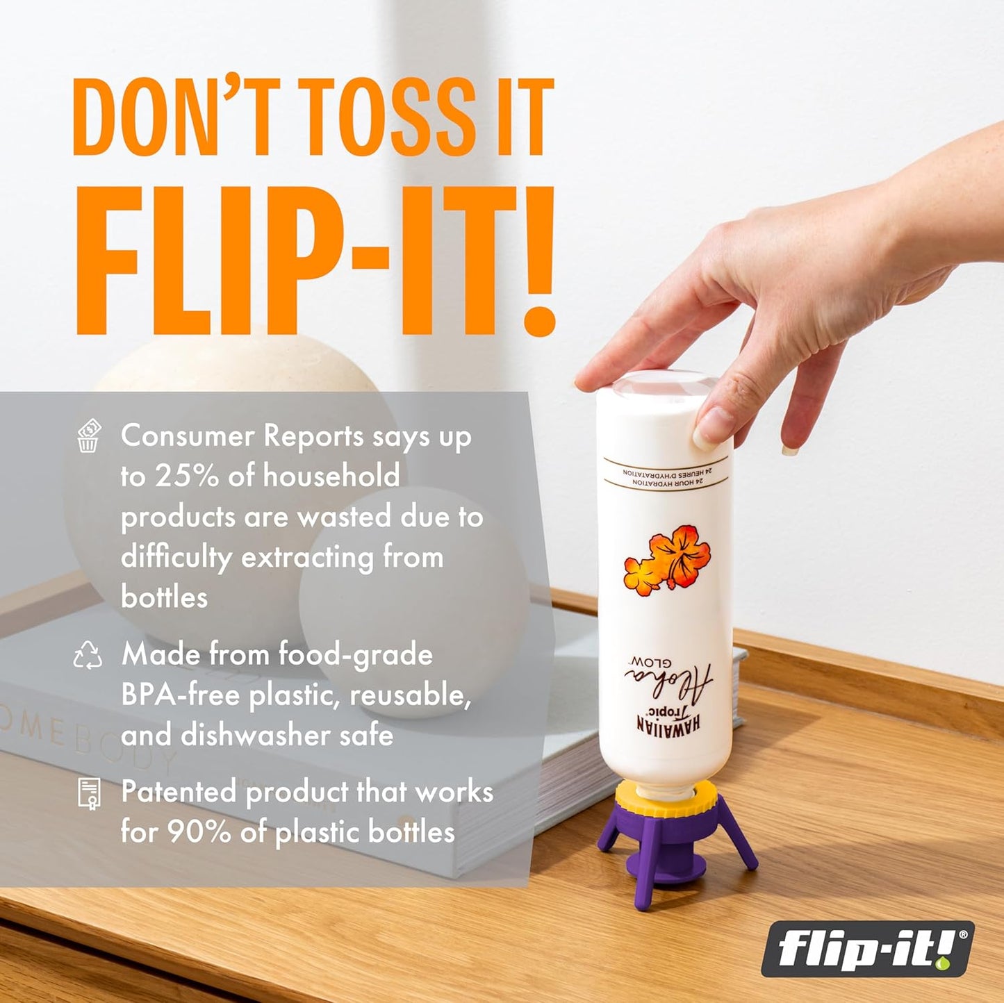 Flip-It! 1-Pack Bottle Emptying Kit – No More Wasted Product - Fits Most Plastic Bottles – Get Out Every Drop of Shampoos, Lotions, & More – 1 Base Cap, 3 Adapters – Bright Color Edition
