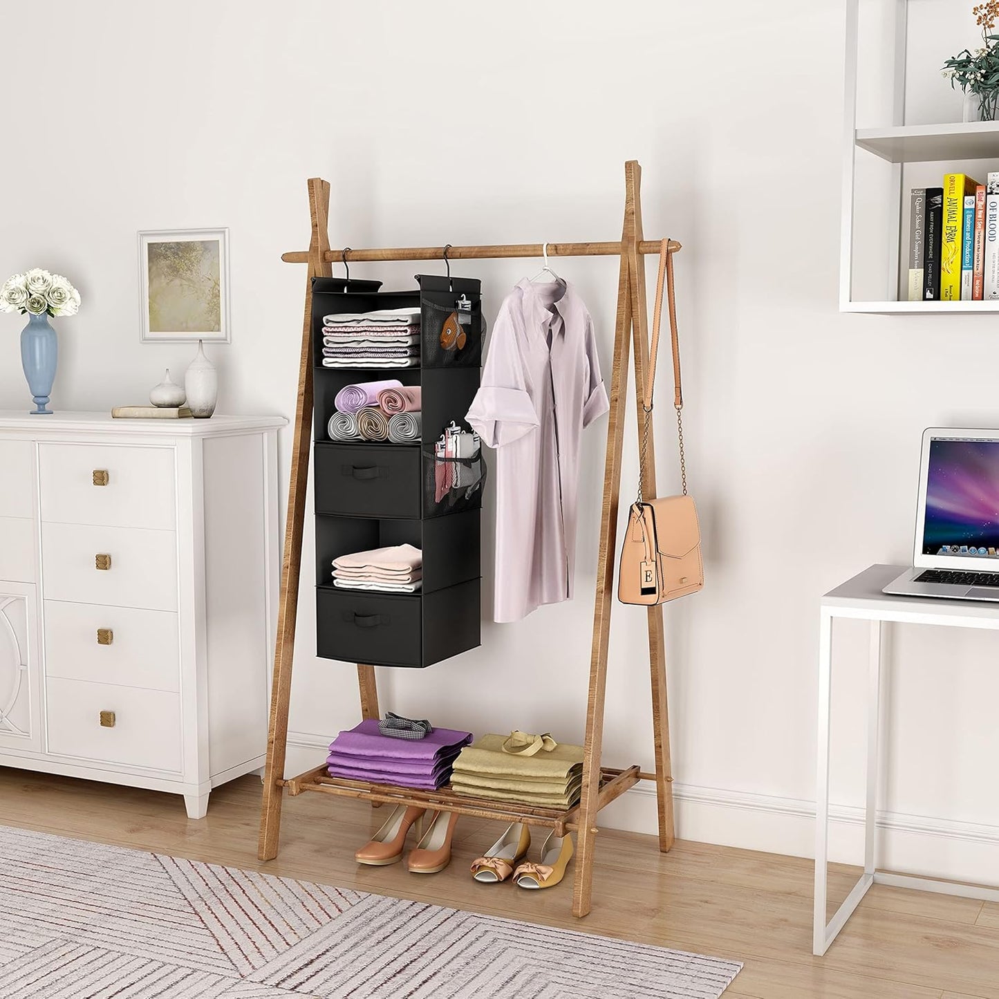 MAX Houser 5 Tier Shelf Hanging Closet Organizer, Cloth Hanging Shelf with 2 Sturdy Hooks for Storage, Foldable (Black-D2)