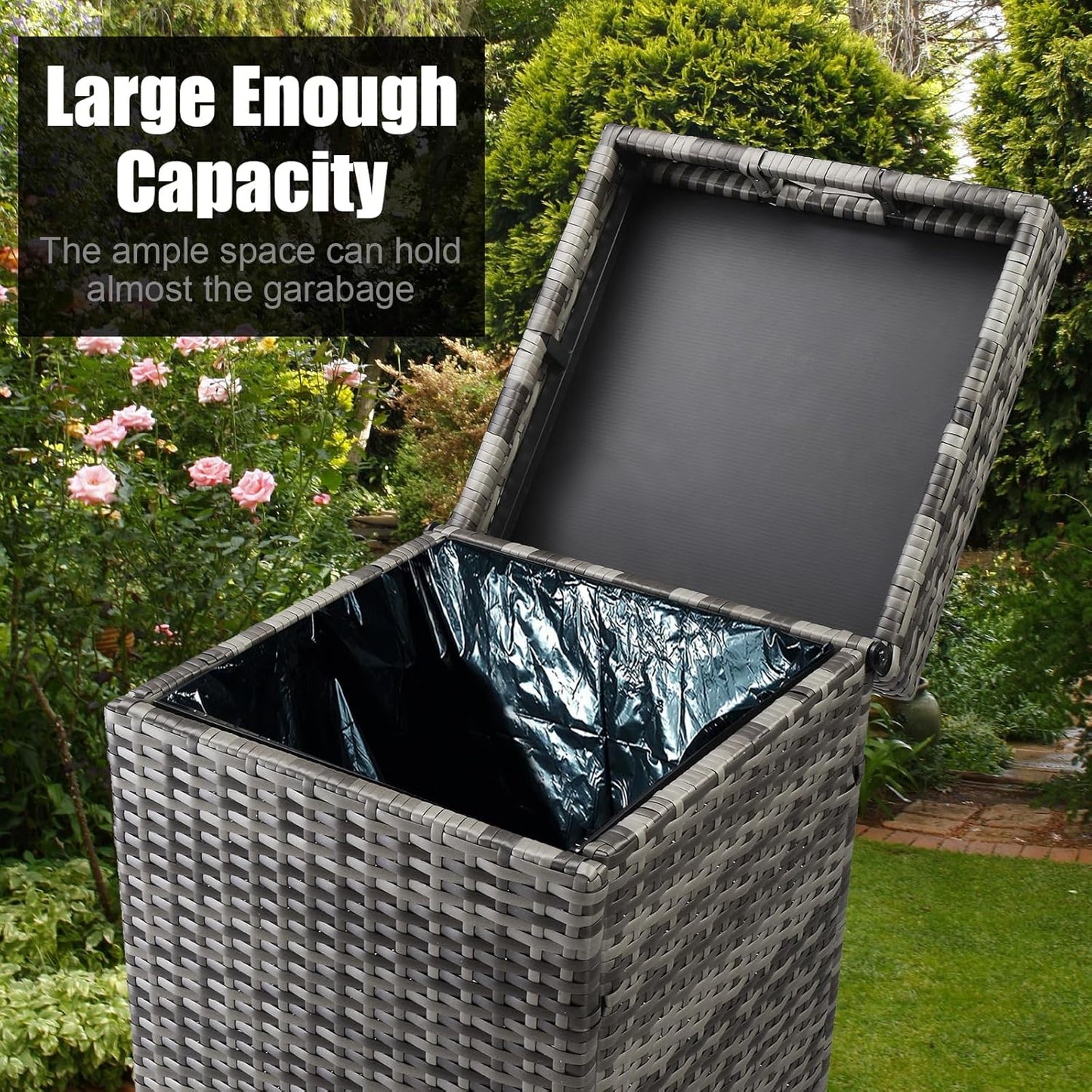 VINGLI Wicker Patio Trash Can, 27 Gallon Rattan Trash Can with Removable Lid, Outdoor Wicker Waste Basket, Wast Container (Grey)