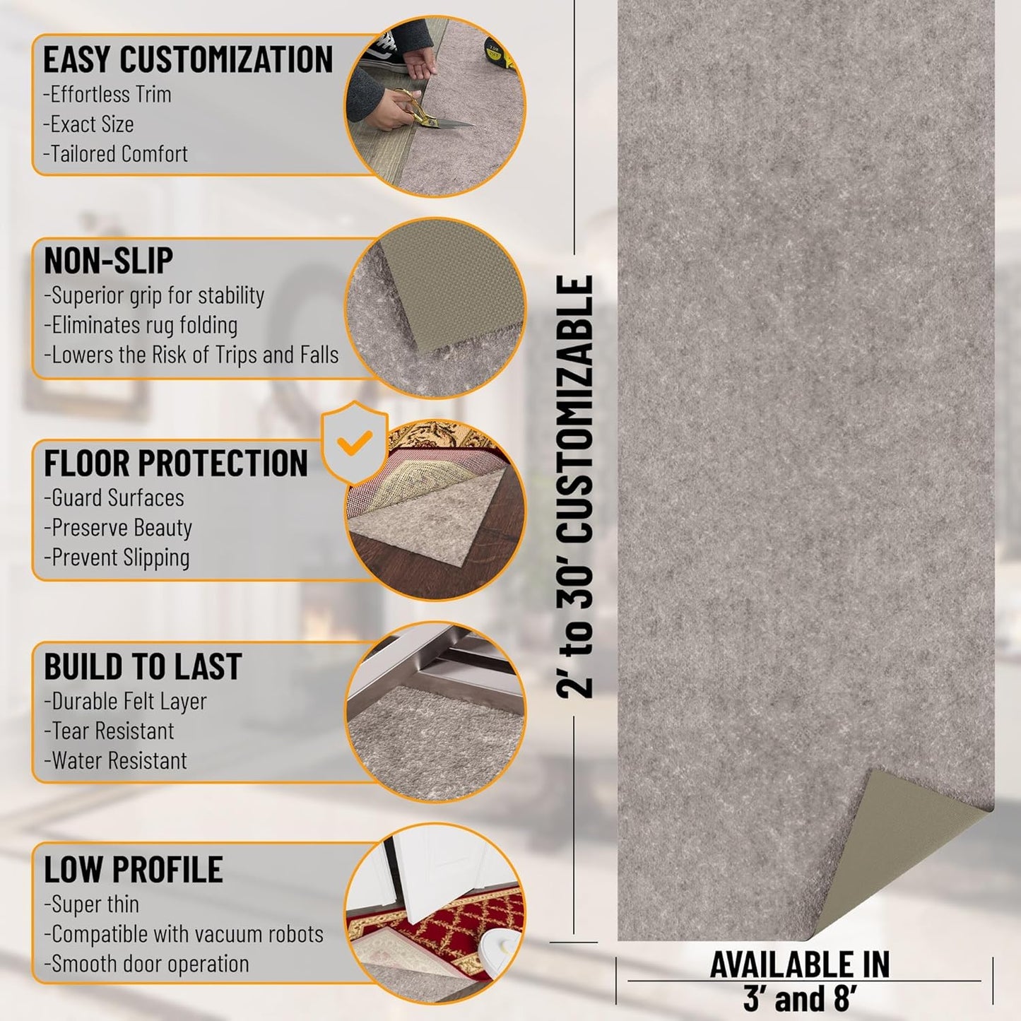 Ottomanson 7' x 8' Non-Slip Rug Pad Gripper 1/4 Inch Thick Dual Surface Felt + Rubber Gripper - Safe for All Floors, Brown