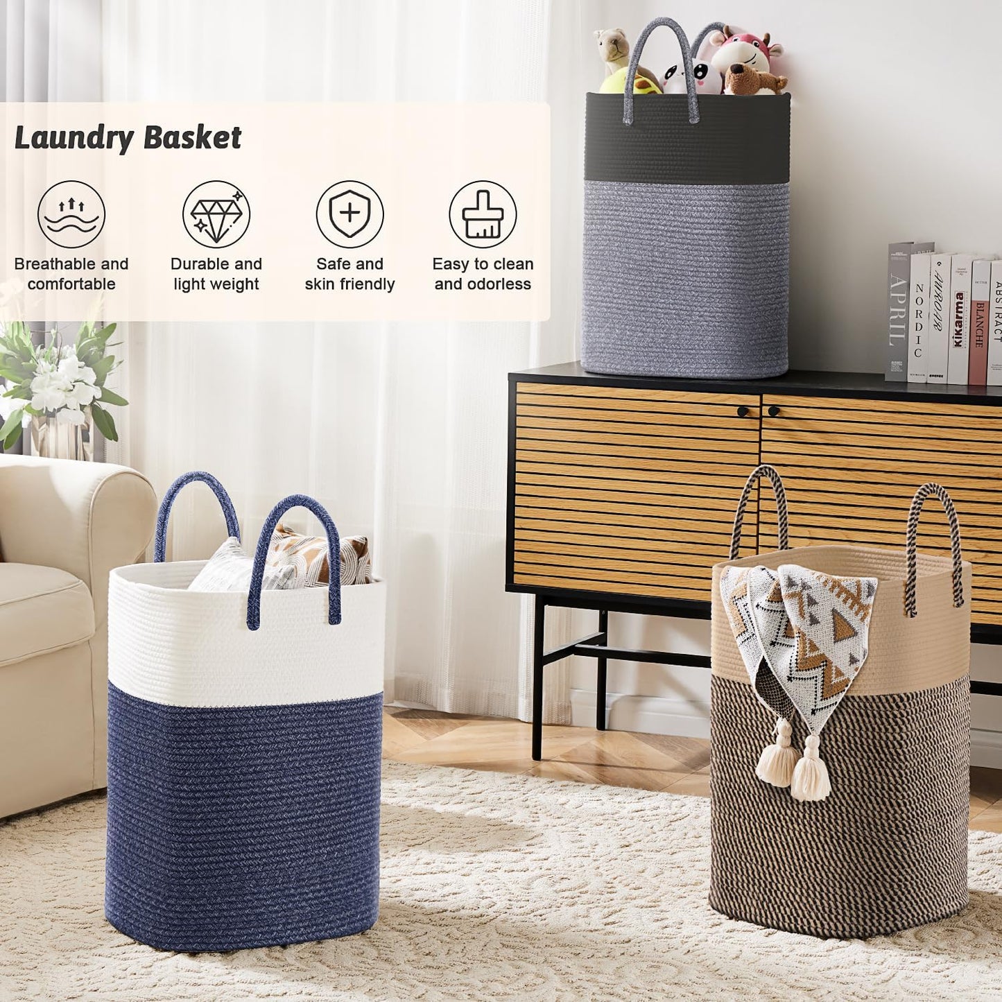 Laundry Basket,Woven Cotton Rope Laundry Hamper,Versatile Storage for Dirty Clothes,Baby Toys,and Blankets in Bathroom, Nursery,and Living Room (Black, 40L)