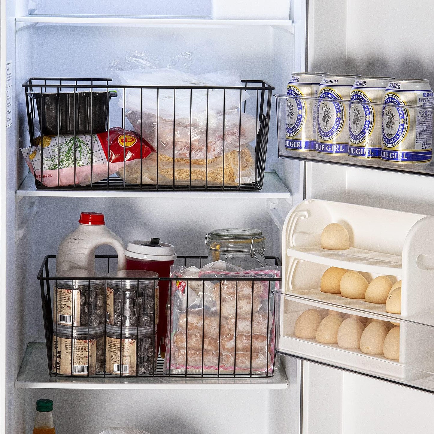 16inch Freezer Wire Storage Organizer Baskets, Household Refrigerator Bins with Built-in Handles for Cabinet, Pantry, Closet, Bedroom