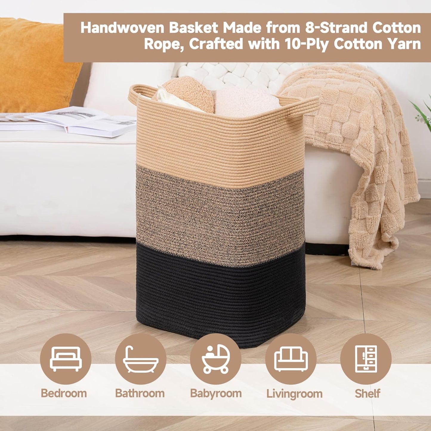 CLHMILY&Z 95L Laundry Basket Rectangular Black Jute Rope - 16x15x24 Inches - Dirty Clothes and Soft Storage Bin for Blankets, Toys, and Nursery Essentials