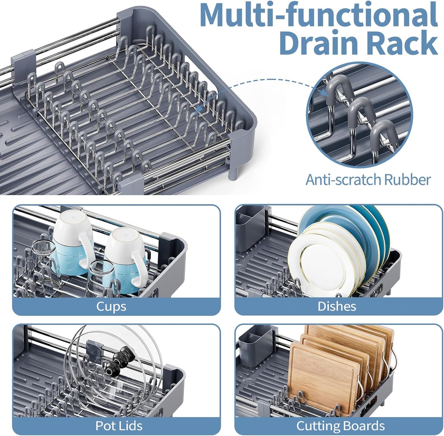 Dish Racks for Kitchen Counter, Dish Drying Rack - Stainless Steel Dish Drainer, Sink Drying Rack with Cutlery Holder, Dishes Organiser and Storage Rack, Gray