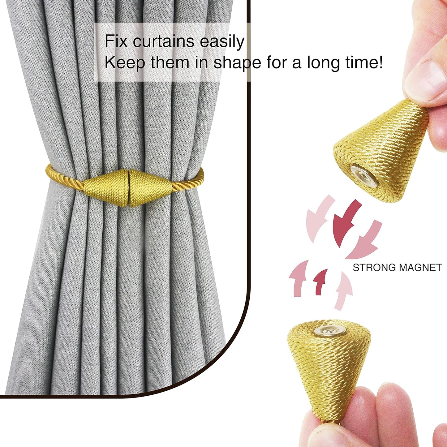 2 Pack Magnetic Curtain Tiebacks Rope Modern Handmade Curtain Tie Backs Decorative Drapes Weave Holdbacks for Window Décor, Gold