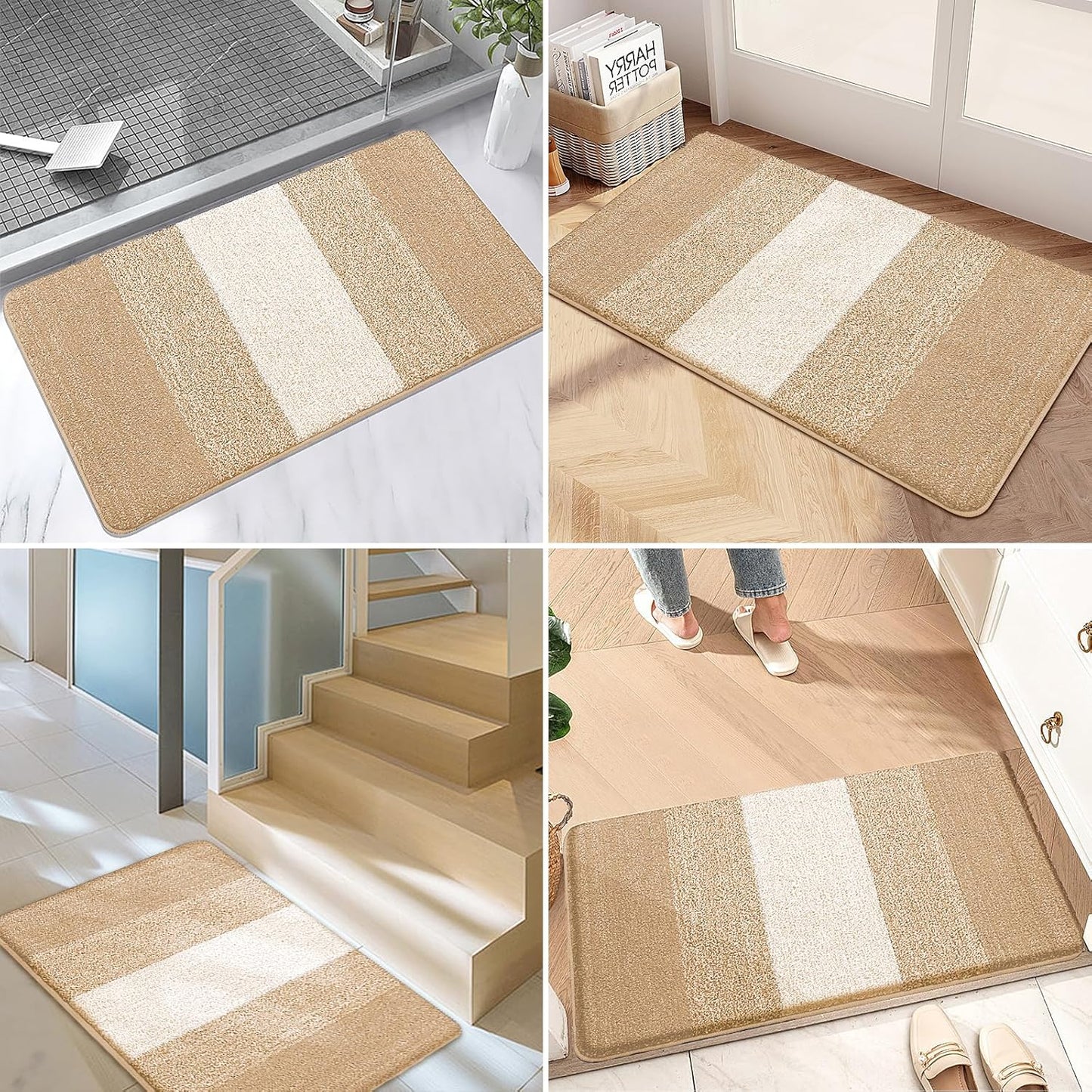 Kitinjoy Indoor Outdoor Door Mat, 71x47 Non-Slip Absorbent Dirt Trapper, Low-Profile Washable Inside Entrance Front Floor Mat, Sturdy Soft Entry Doormats for Entryway, Beige
