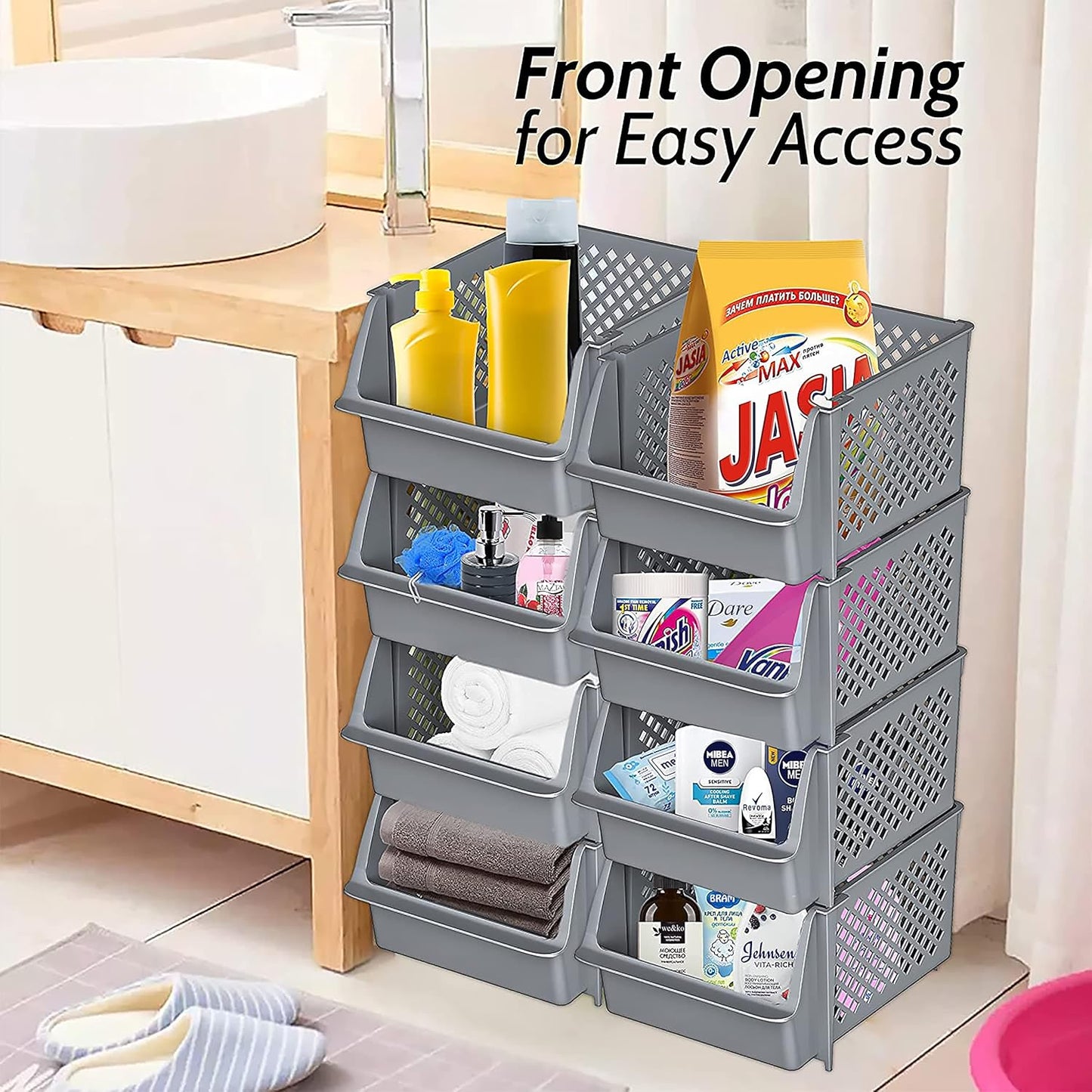 Skywin Plastic Stackable Storage Bins for Pantry, 12 Pack Stackable Bins For Organizing Food, Kitchen, and Bathroom Essentials (Grey)