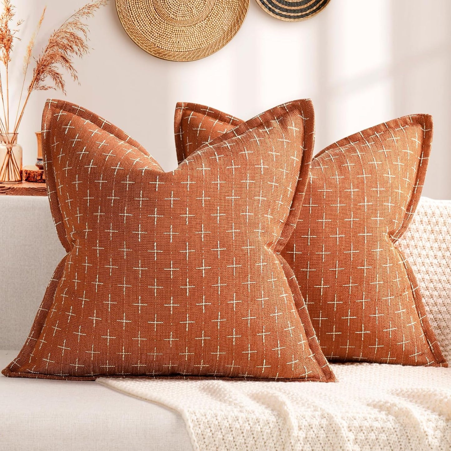 ZWJD Pillow Covers 24x24 Set of 2 Soft Fall Decor Polyester Textured Pillow Covers with Stylish Flange Edge Cozy Farmhouse Throw Pillows for Couch Bed Sofa Living Room