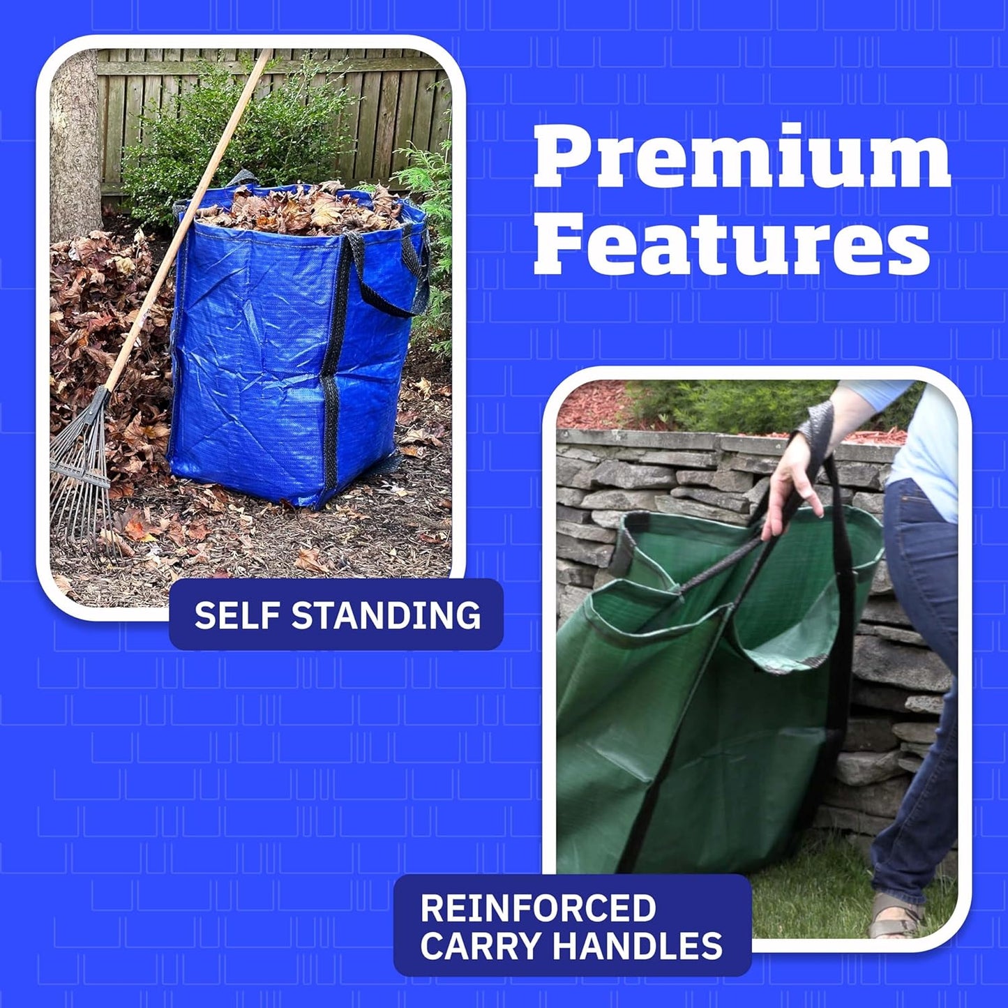 DURASACK Heavy Duty Home and Yard Bags 48-Gallon Reusable Self-Standing Lawn and Leaf Bags Garbage Can with Reinforced Handles, Red, 3 Pack