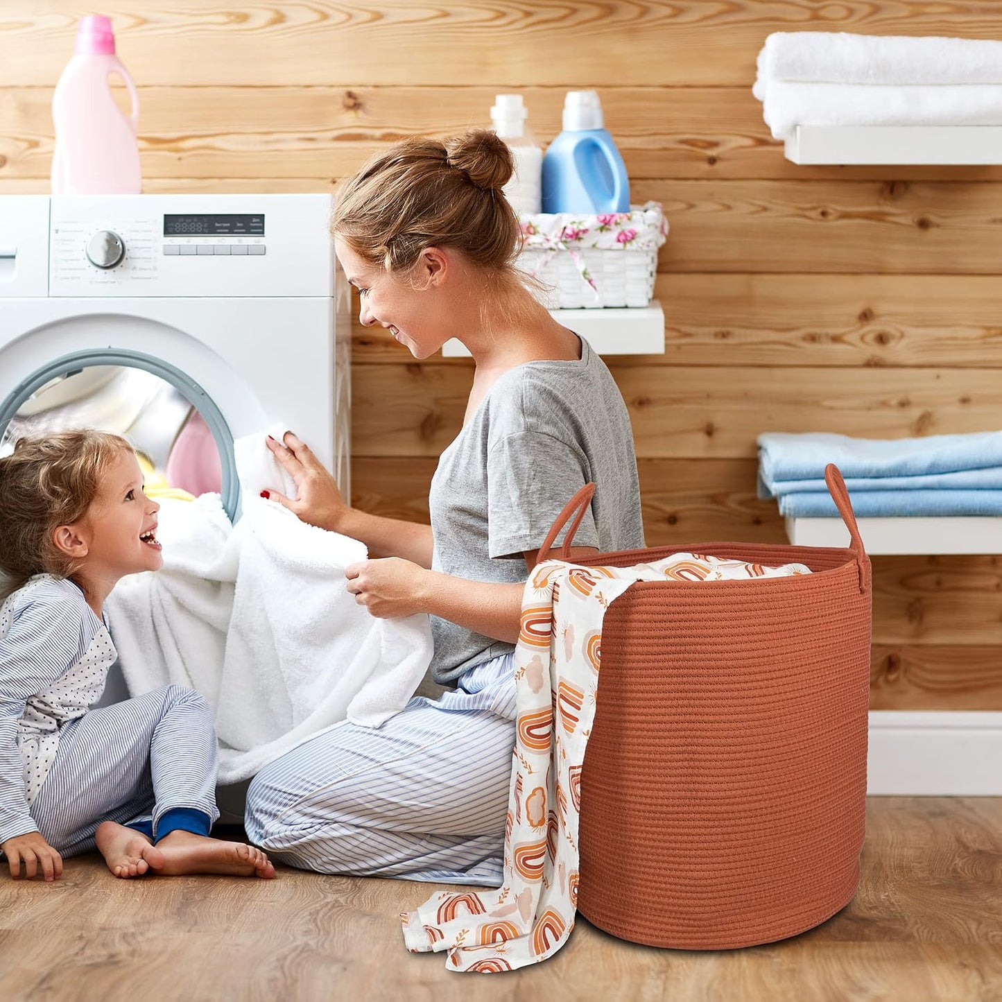 Cotton Rope Laundry Basket Hamper for Clothes Woven Storage Basket for Living Room Bedroom Boho Tall Rope Baskets for Blanket Toys Pillow Towels Baby Nursery Hamper Bin Large rust red