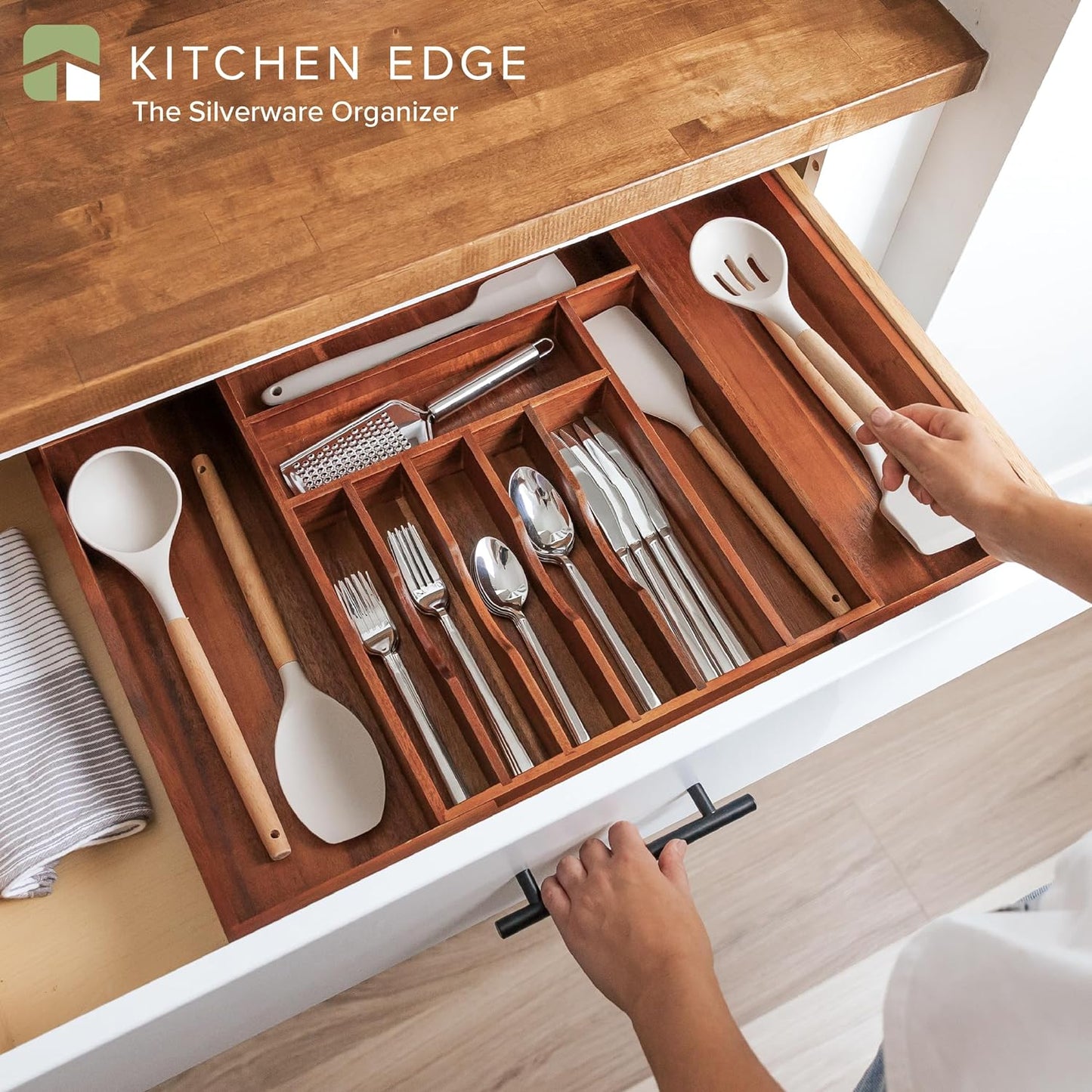 KitchenEdge Premium Silverware, Flatware and Utensil Organizer for Kitchen Drawers, Expandable 14.5 to 25 Inches Wide, 10 Compartments, Food-Safe Premium Acacia Wood Finish Kitchen Storage Tray