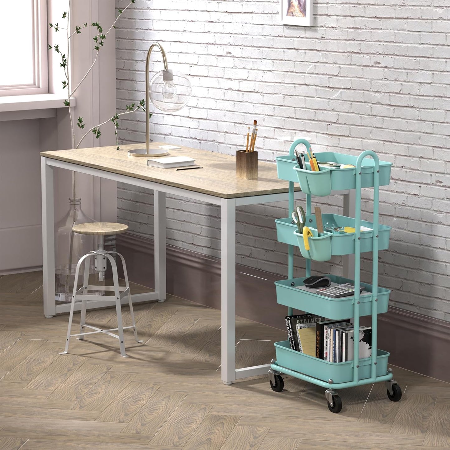 Simple Houseware 4-Tier Multifunctional Rolling Utility Cart with Hanging Buckets, Turquoise