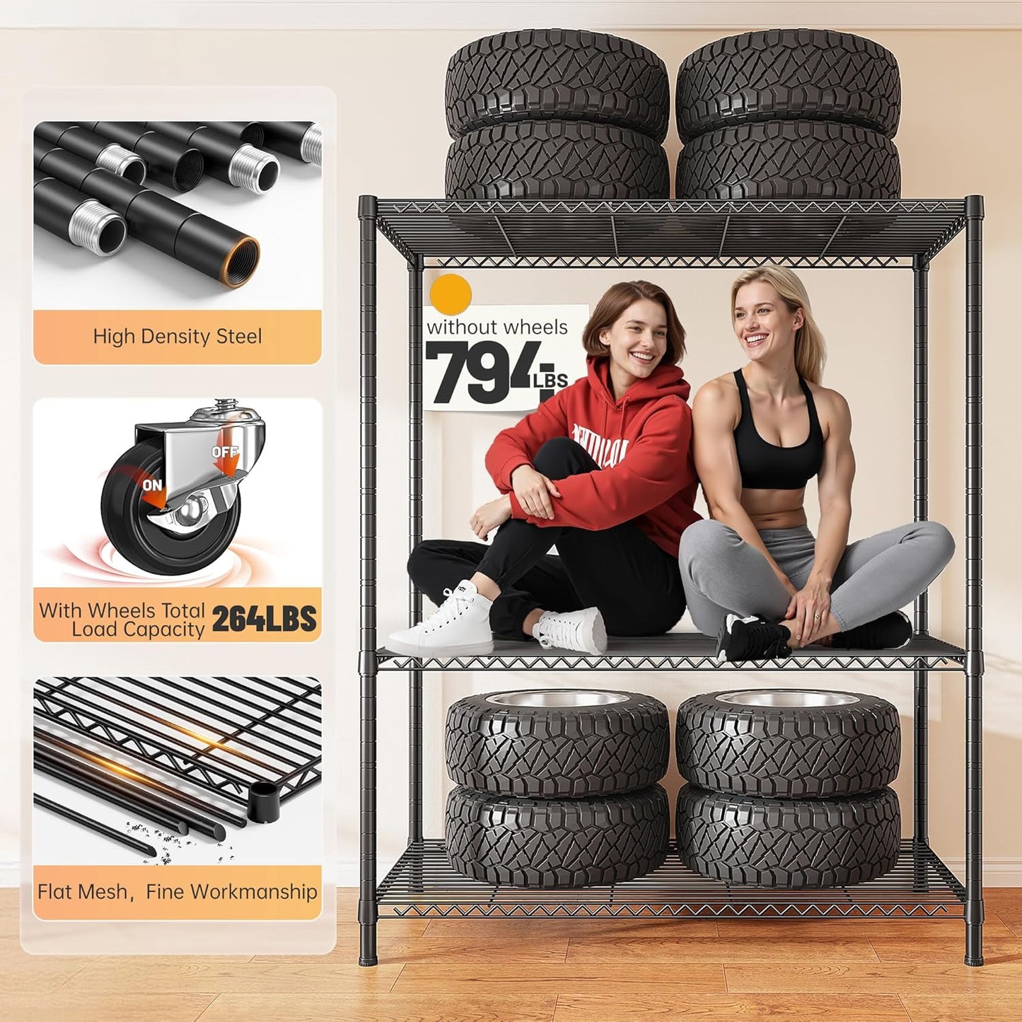 REIBII 4-Tier Storage Shelves Wire Shelving Unit with Cover & Wheels, Heavy Duty Metal Shelving for Dorm Storage Shelves, Garage Storage Rack Commercial Shelf, 36" W*14.3" D*56.5" H