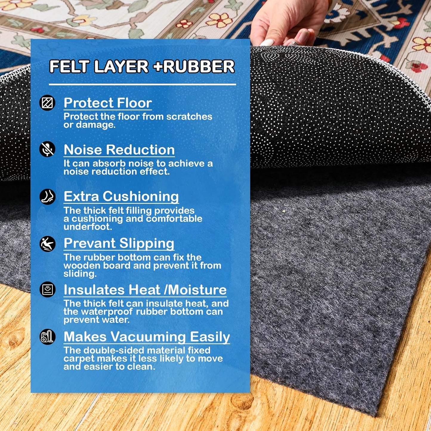 Non-Slip Rug Pads 1/4” Thick, 6x9Ft Waterproof Rugs Non Skid Rug Pad for All Floors and Finishes Durable Hardwood Floor Protective Felt Keeps Rugs in Place, Safe and Secure