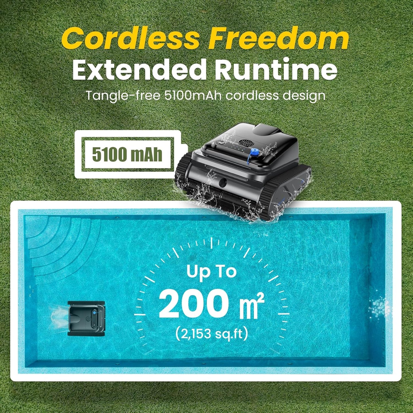Y50S Robotic Pool Cleaner, Upgraded Motor, Powerful Wall-Climbing with Scrubber Brushes, Smart Path Navigation, Cordless Pool Vacuum for Inground Pools up to 2000 Sq.ft (Night)
