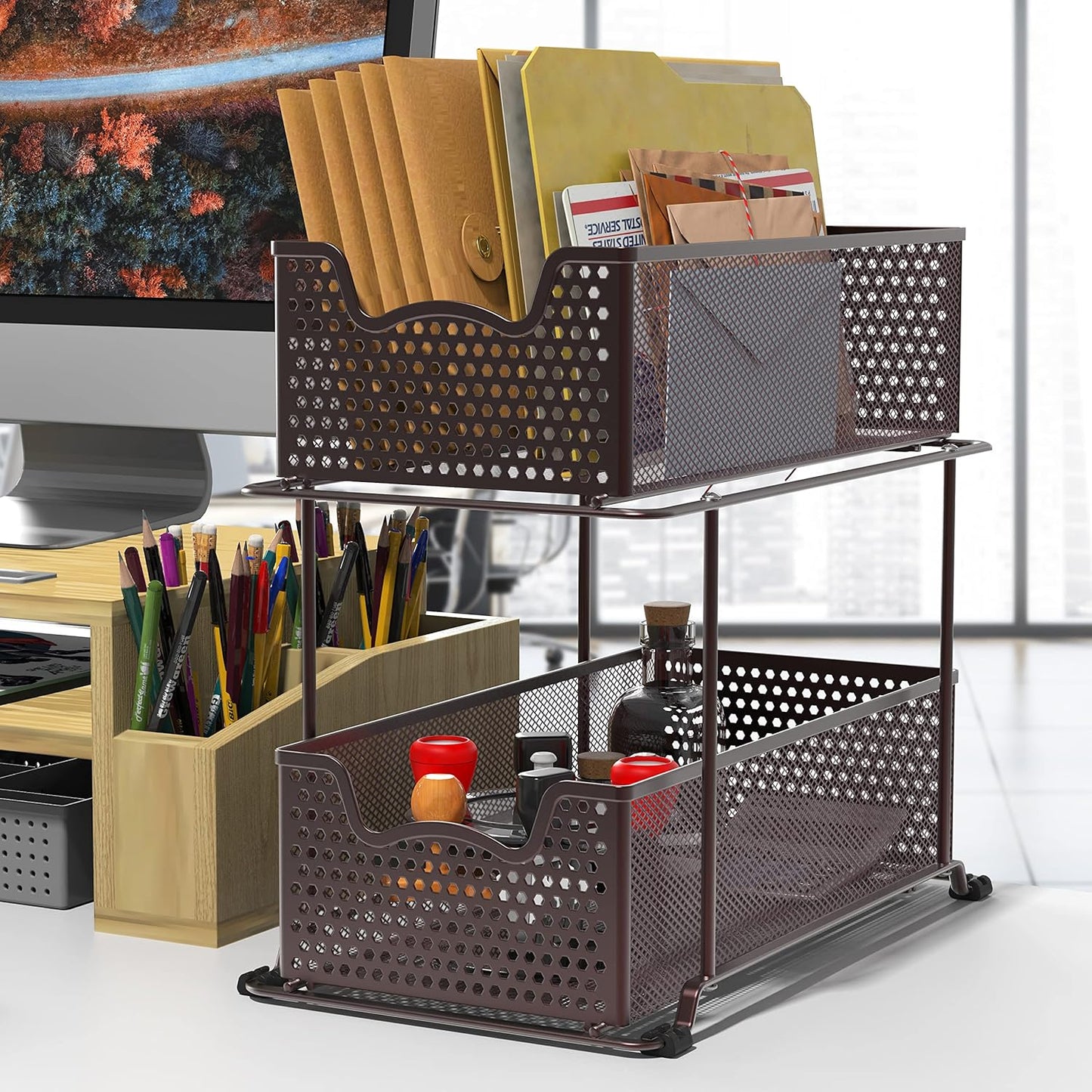 SIMPLE HOUSEWARE 2 Tier Sliding Cabinet Basket Organizer Drawer, Bronze