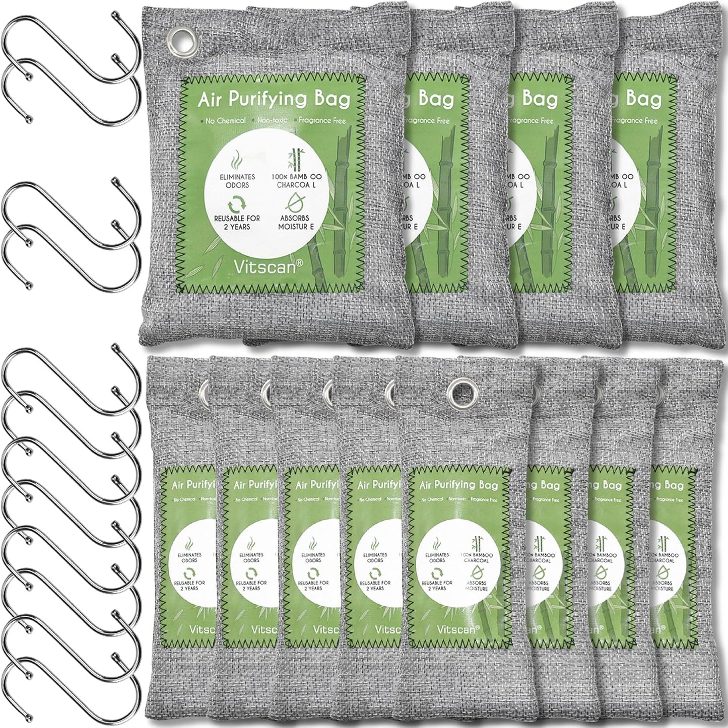 12 Pack Bamboo Charcoal Air Purifying Bag, Activated Charcoal Bags Odor Absorber, Moisture Absorber, Natural Car Air Freshener, Shoe Deodorizer, Odor Eliminators For Home, Pet, Closet (8x50g, 4x200g)