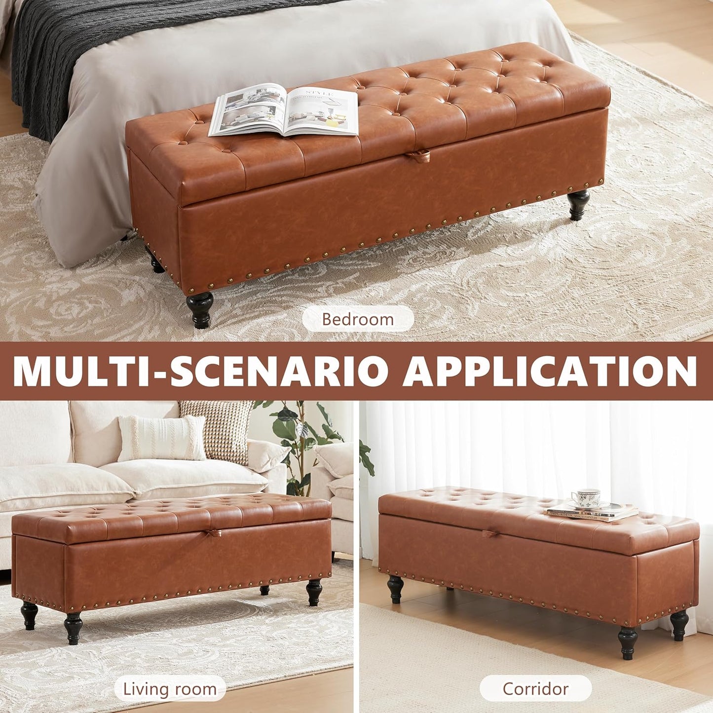 51.8’’ Storage Ottoman Bench, Faux Leather Ottoman with Storages, Window Benches Holds up to 330lbs, Upholstered Storage Bench for Bedroom, Living Room, Entryway and Family Room, Brown